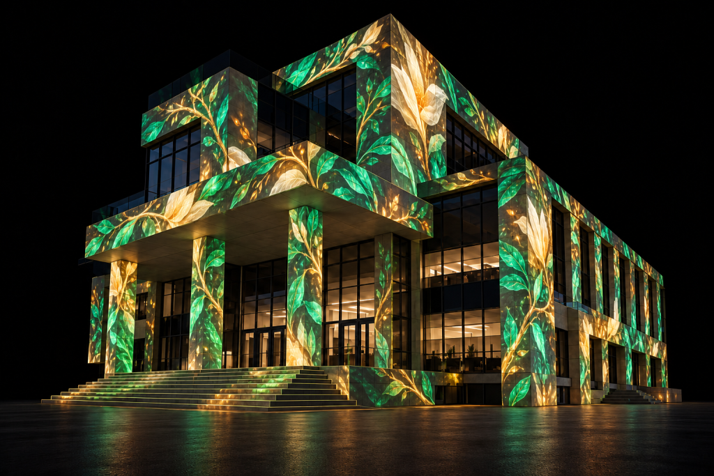 Mapping sobre edificio, temas florales verdes y naranjas